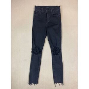 MOTHER The Super Stunner Ankle Fray Black Distressed Knee Skinny Jeans‎ Size 25